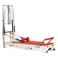 Thumbnail for Elina Pilates Wooden Reformer Ligno With Tower Red Variant Front Angled View Complete Set On White Background