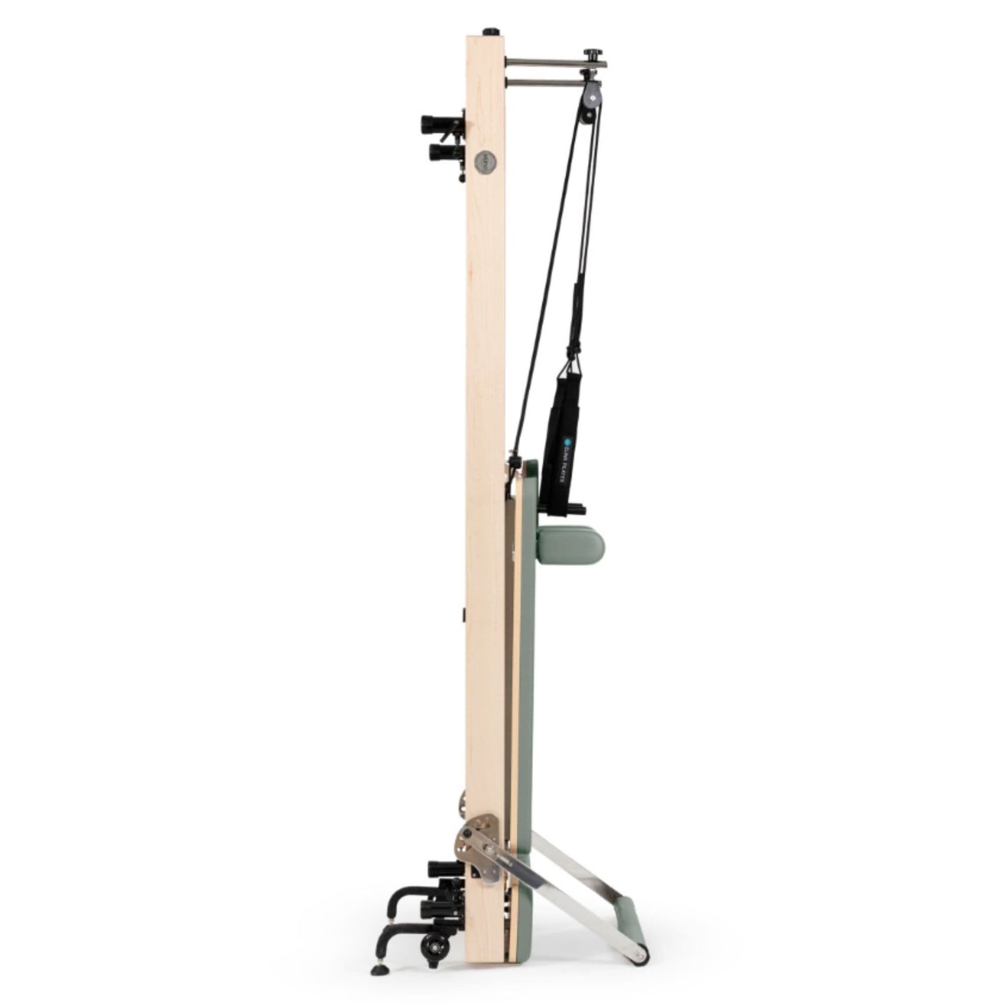 Elina Vertical Reformer for Home Eucalyptus Variant Side View Showing Space-Saving Folded Configuration On White Background