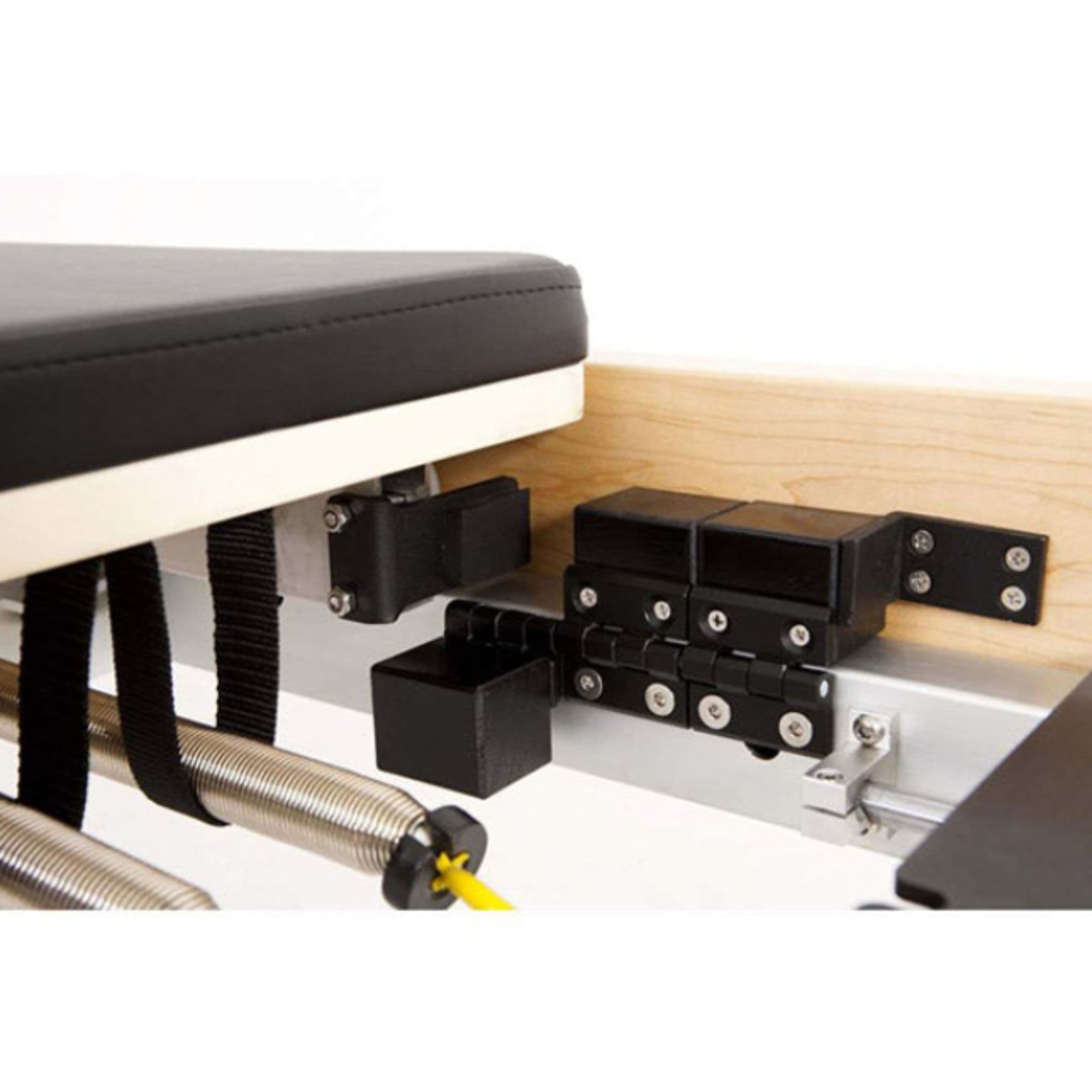 Elina Wood Reformer And Tower Bundle Close-Up View Of Folding Lock And Internal Hardware