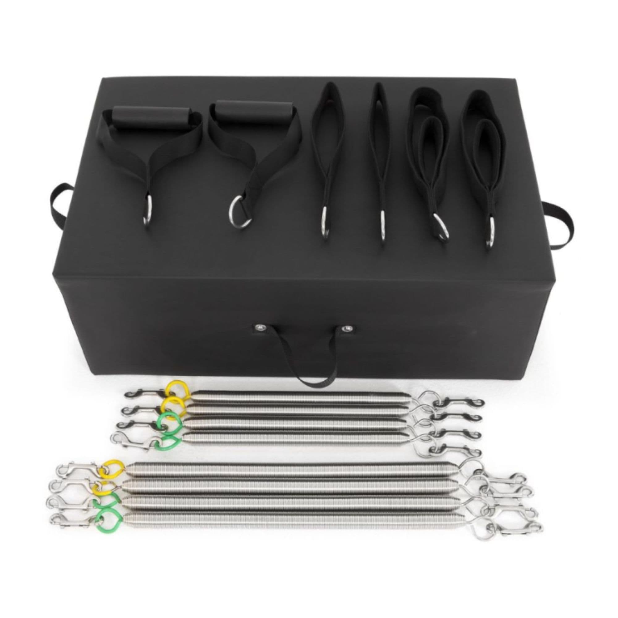 Elina Wood Reformer with Tower Top View Of Included Accessory Kit And Color Coded Resistance Springs On White Background