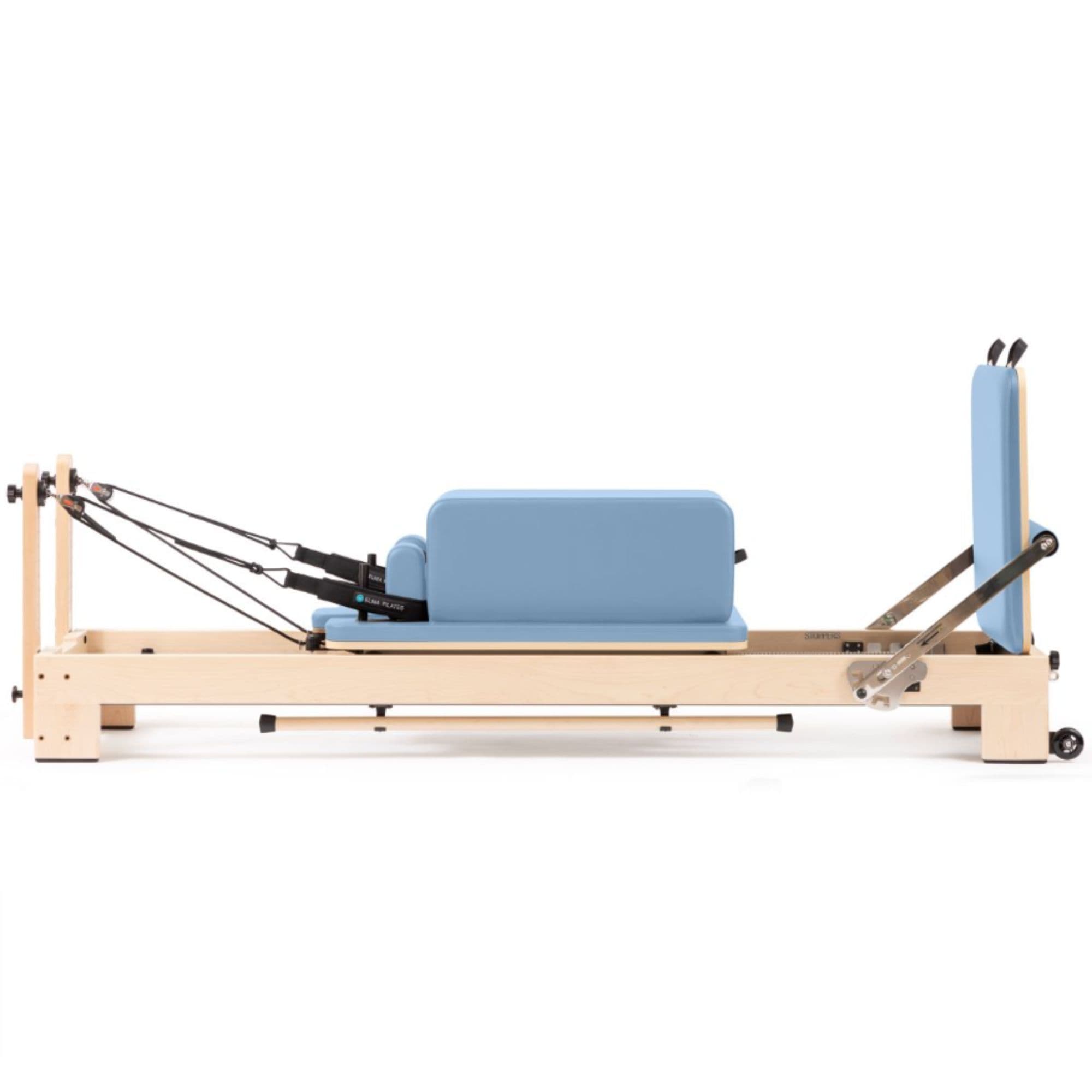 Elina Wooden Reformer Ligno Ocean Blue Variant Side View With Jump Board Attachment And Box On White Background