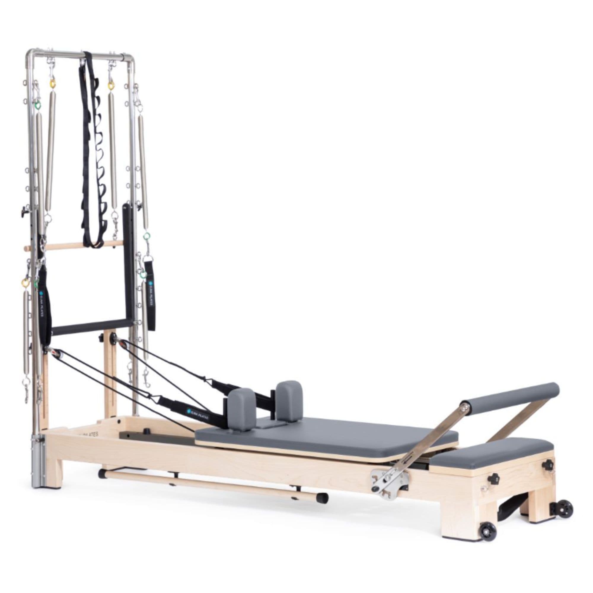Elina Wooden Reformer Ligno with Tower Gray Variant Front Angled View Complete Set On White Background