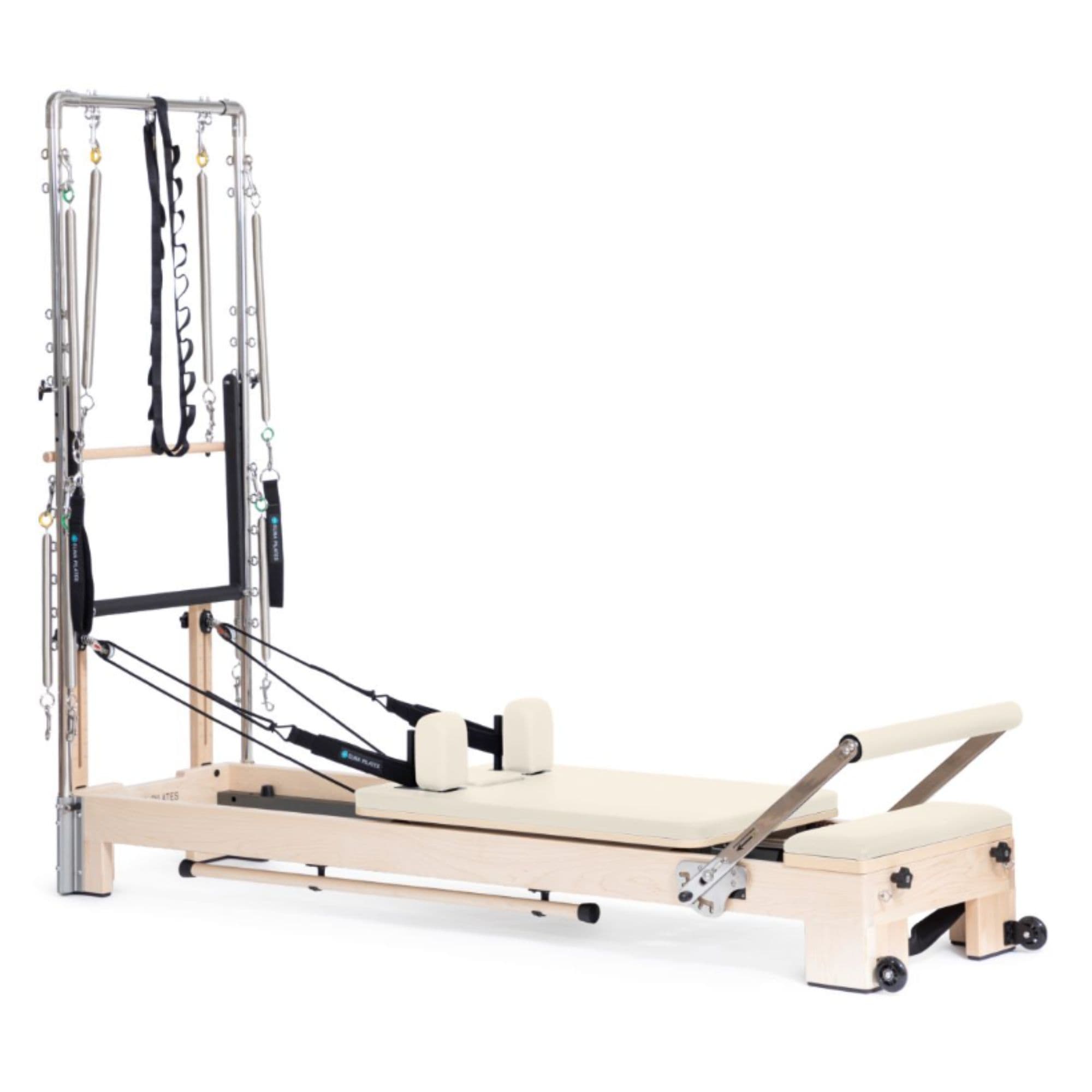 Elina Wooden Reformer Ligno with Tower Ivory Variant Front Angled View Complete Set On White Background