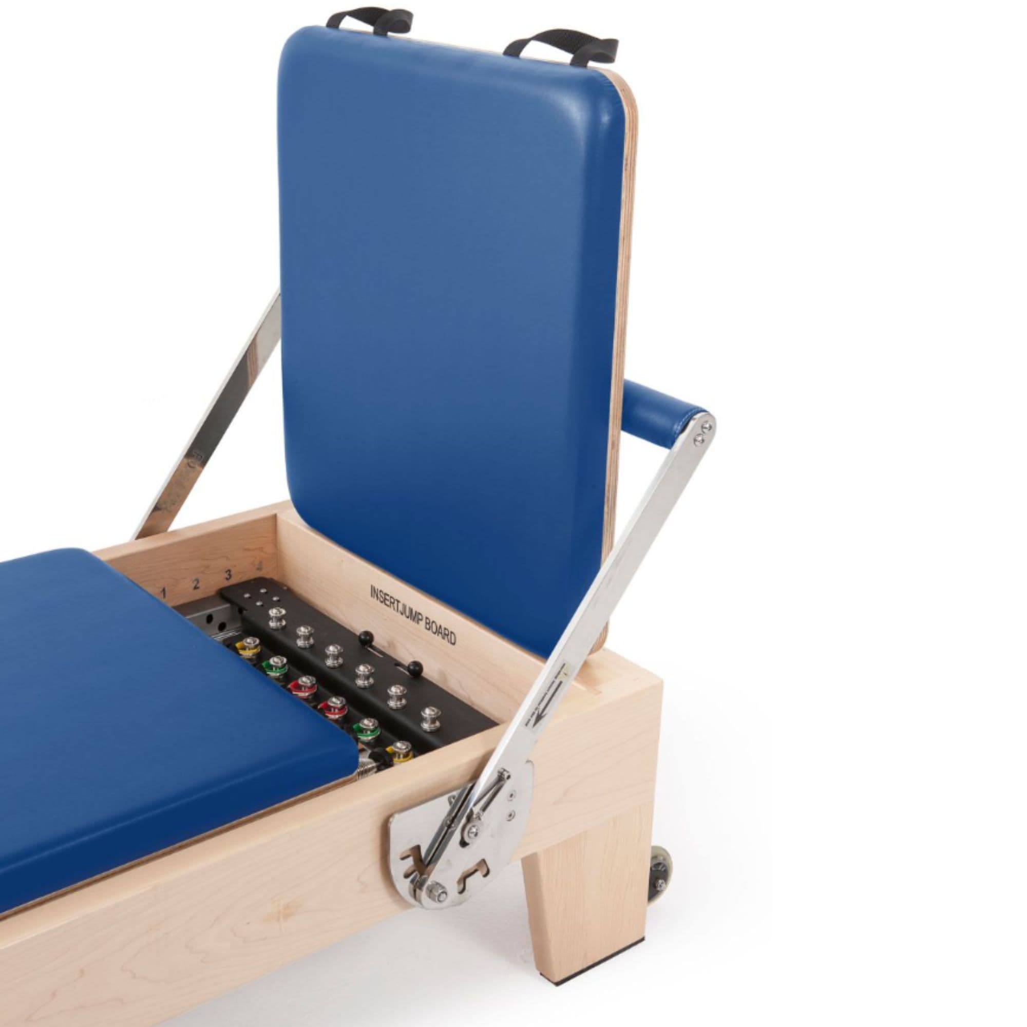 Elite Wood Reformer Blue Variant Close-Up View Of Jumpboard With Spring Resistance Controls On White Background