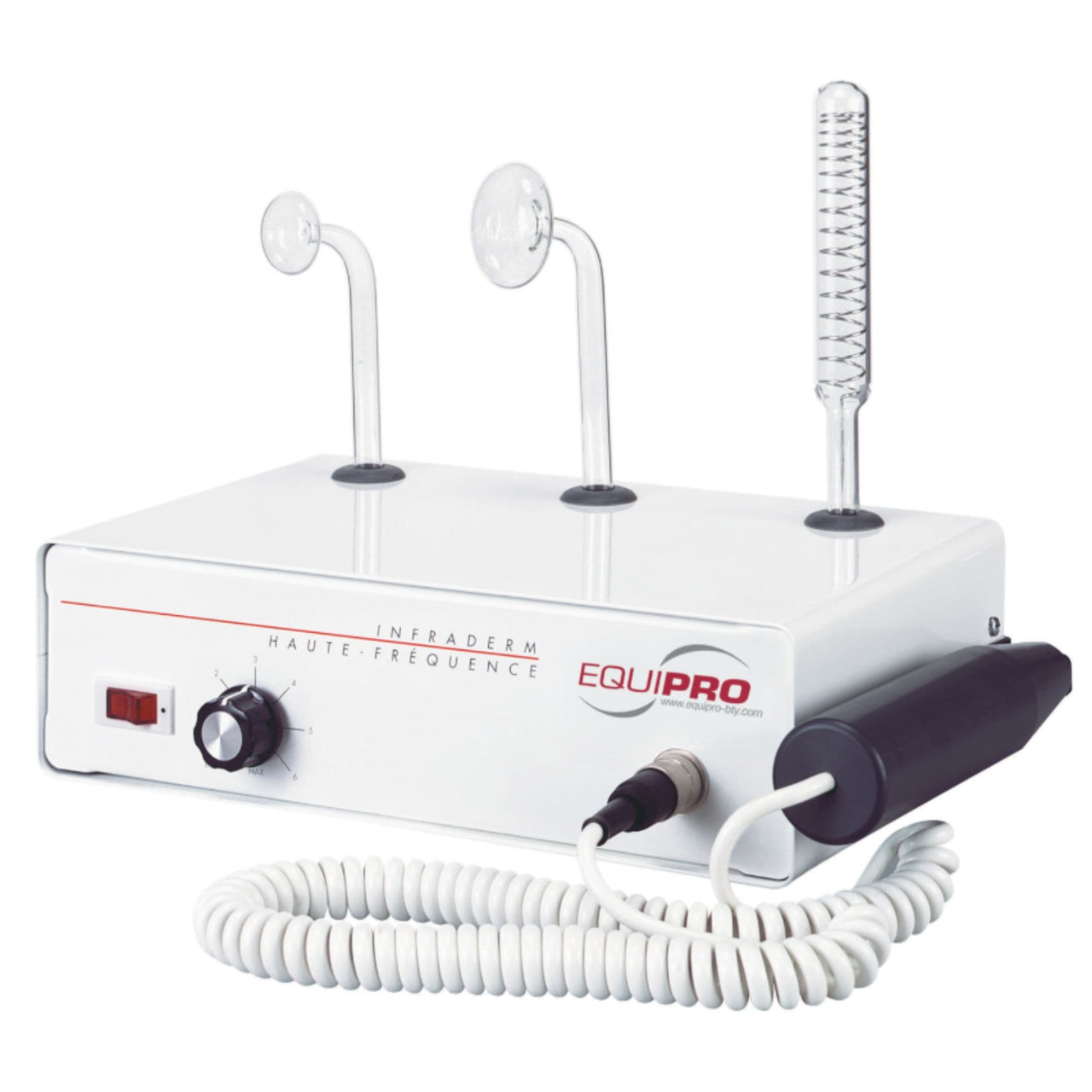 Equipro Infraderm High-Frequency Machine With Attached Accessories On Clean White Background