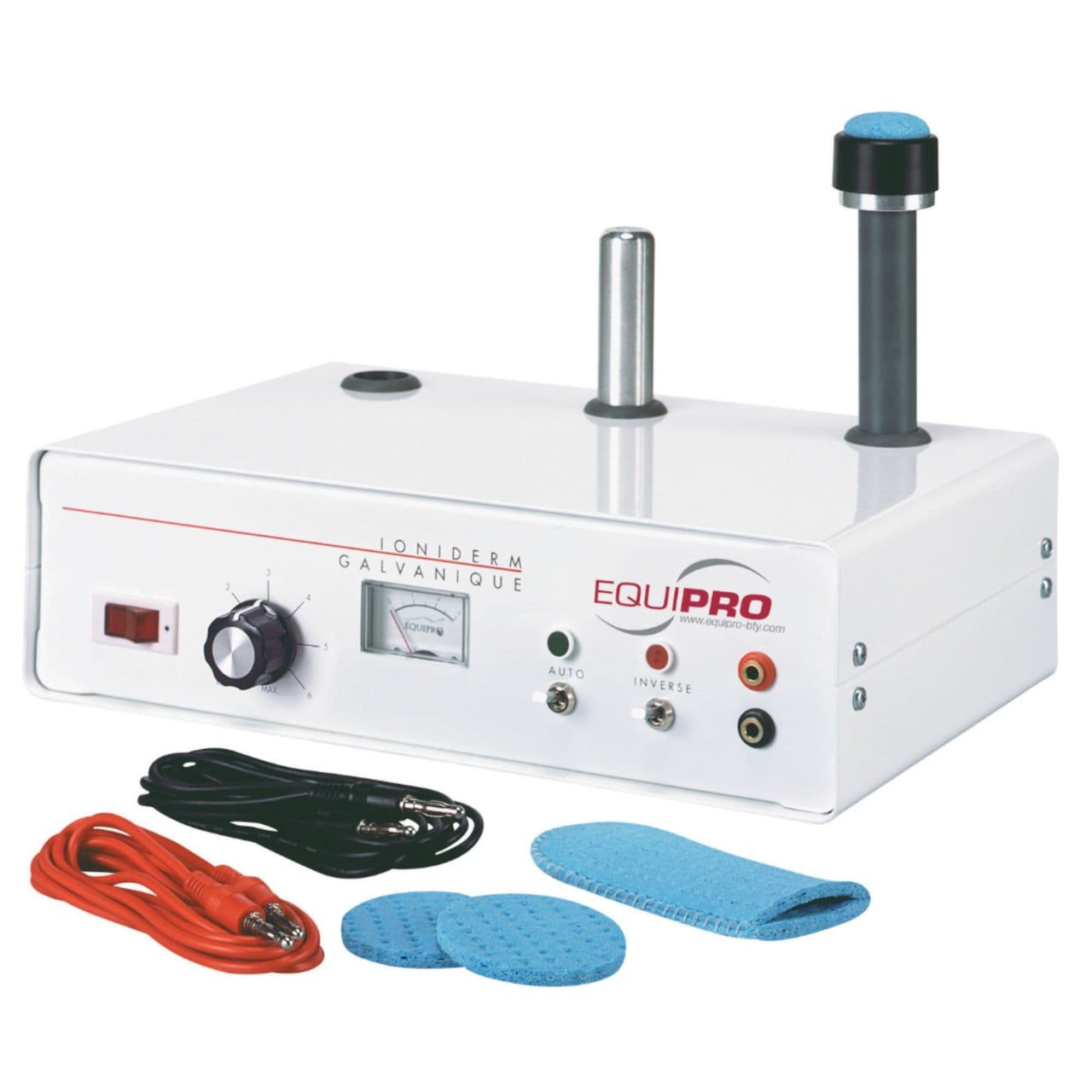 Equipro Ioniderm Galvanic Machine With Accessories On Clean White Background