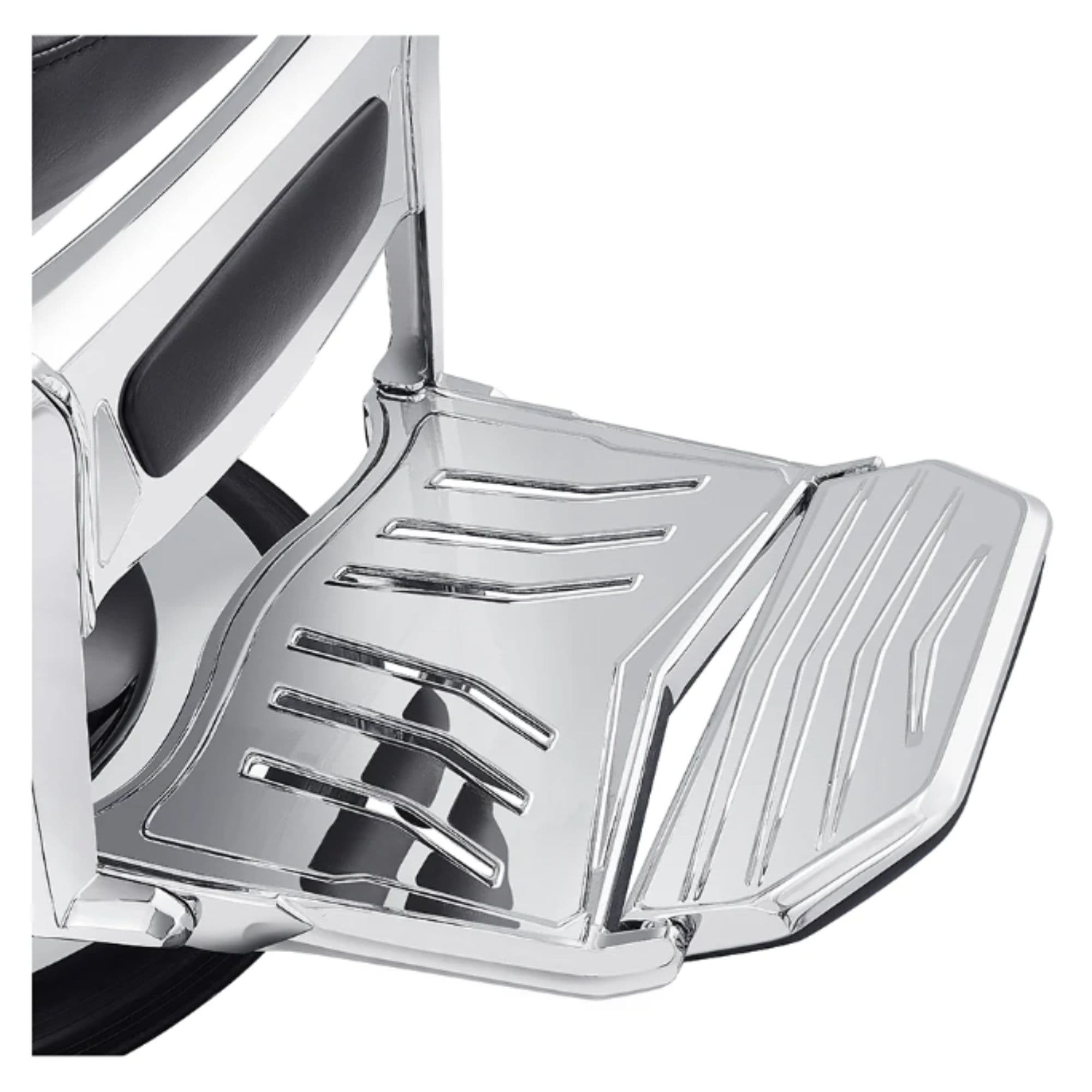 Esquire Multi-Position Reclining Barber Chair Black Variant With Close-Up View Of Footrest Platform On White Background