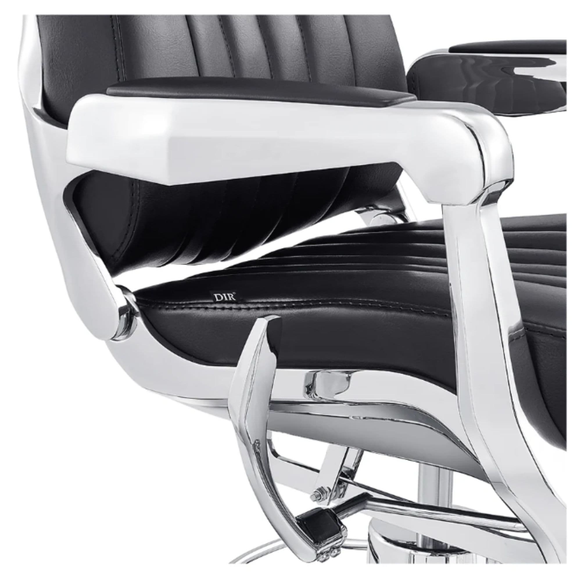 Esquire Multi-Position Reclining Barber Chair Close-Up View Of Decorative Metallic Gold Armrest Support And Black Upholstered Seat