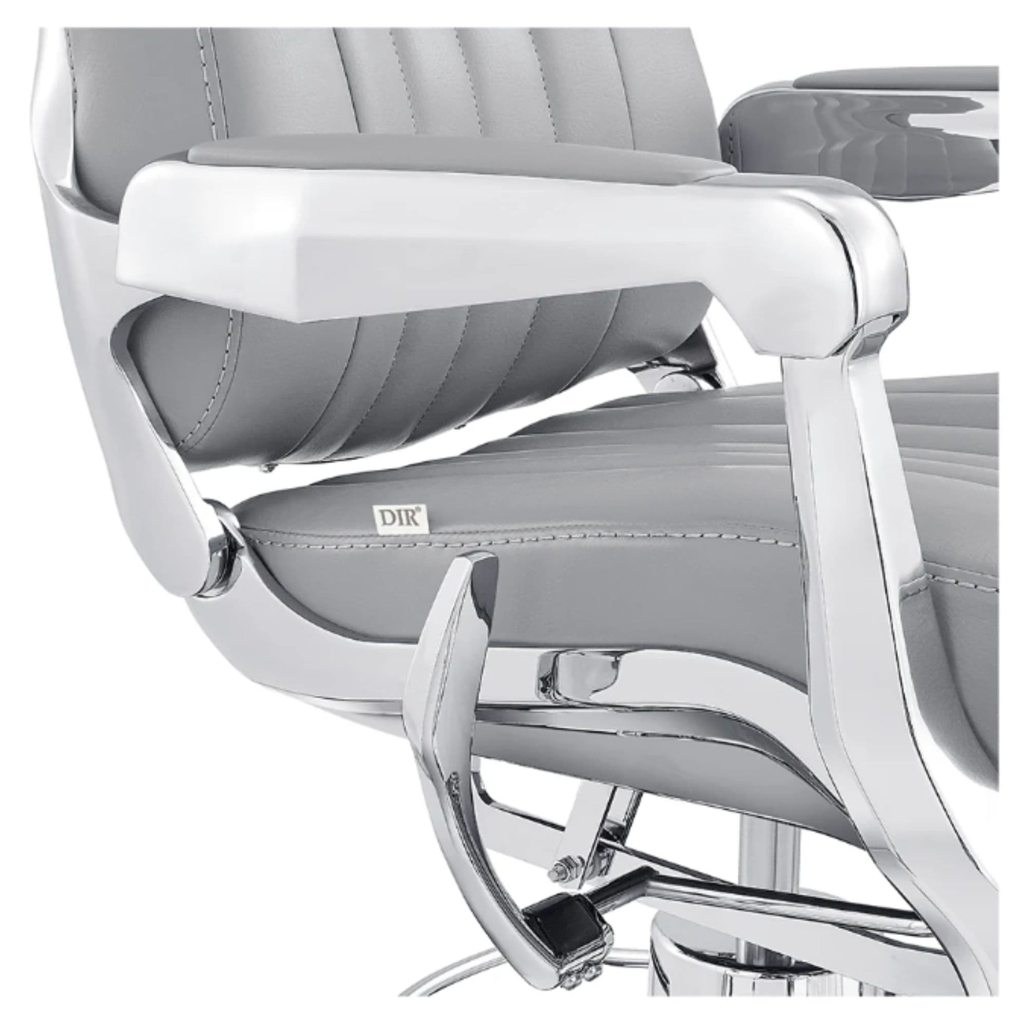 Esquire Multi-Position Reclining Barber Chair Close-Up View Of Decorative Metallic Gold Armrest Support And Gray Upholstered Seat