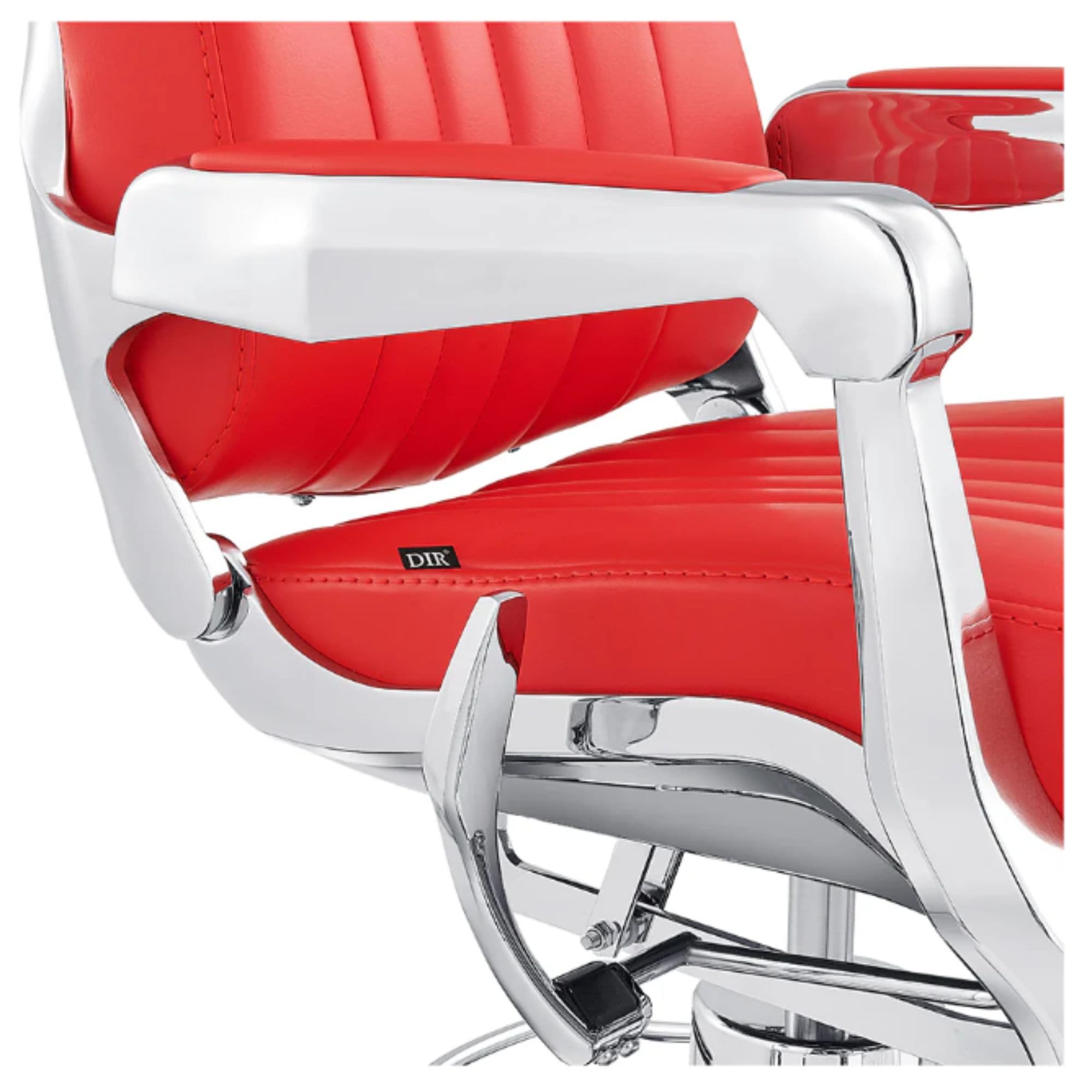 Esquire Multi-Position Reclining Barber Chair Close-Up View Of Decorative Metallic Gold Armrest Support And Red Upholstered Seat