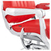 Esquire Multi-Position Reclining Barber Chair Close-Up View Of Decorative Metallic Gold Armrest Support And Red Upholstered Seat