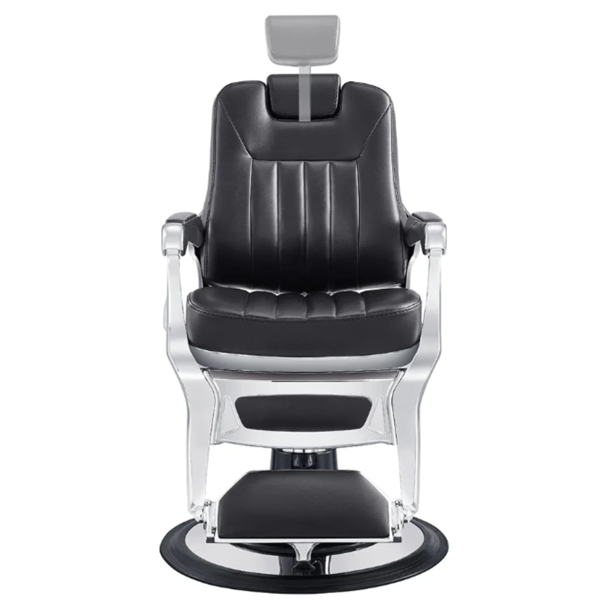 Esquire Reclining Barber Chairs Black Variant Front View Demonstrating Pull Out Headrest Range On White Background