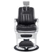 Esquire Reclining Barber Chairs Black Variant Front View Demonstrating Pull Out Headrest Range On White Background