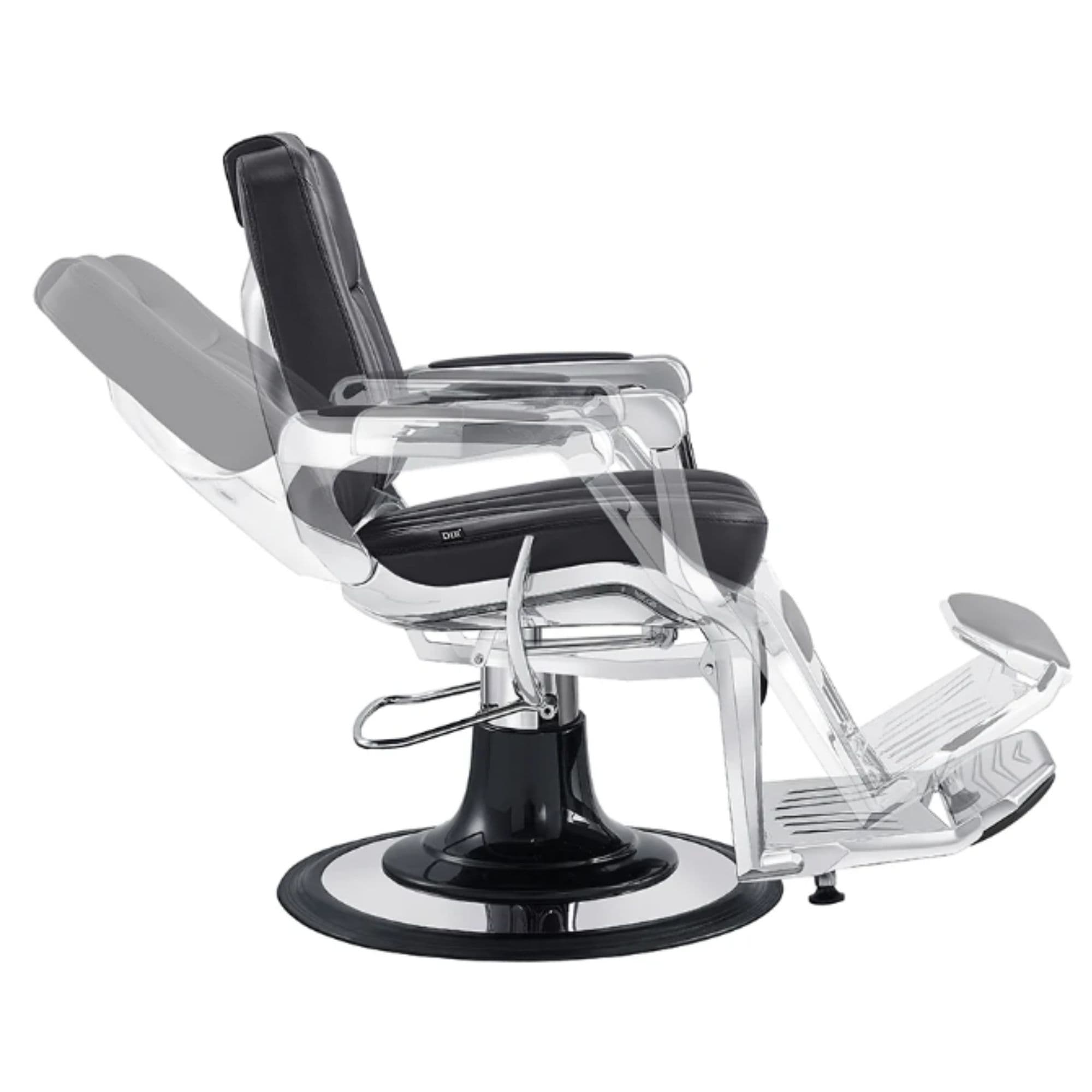 Esquire Reclining Barber Chairs Black Variant Side View Demonstrating Swing Adjustment On White Background