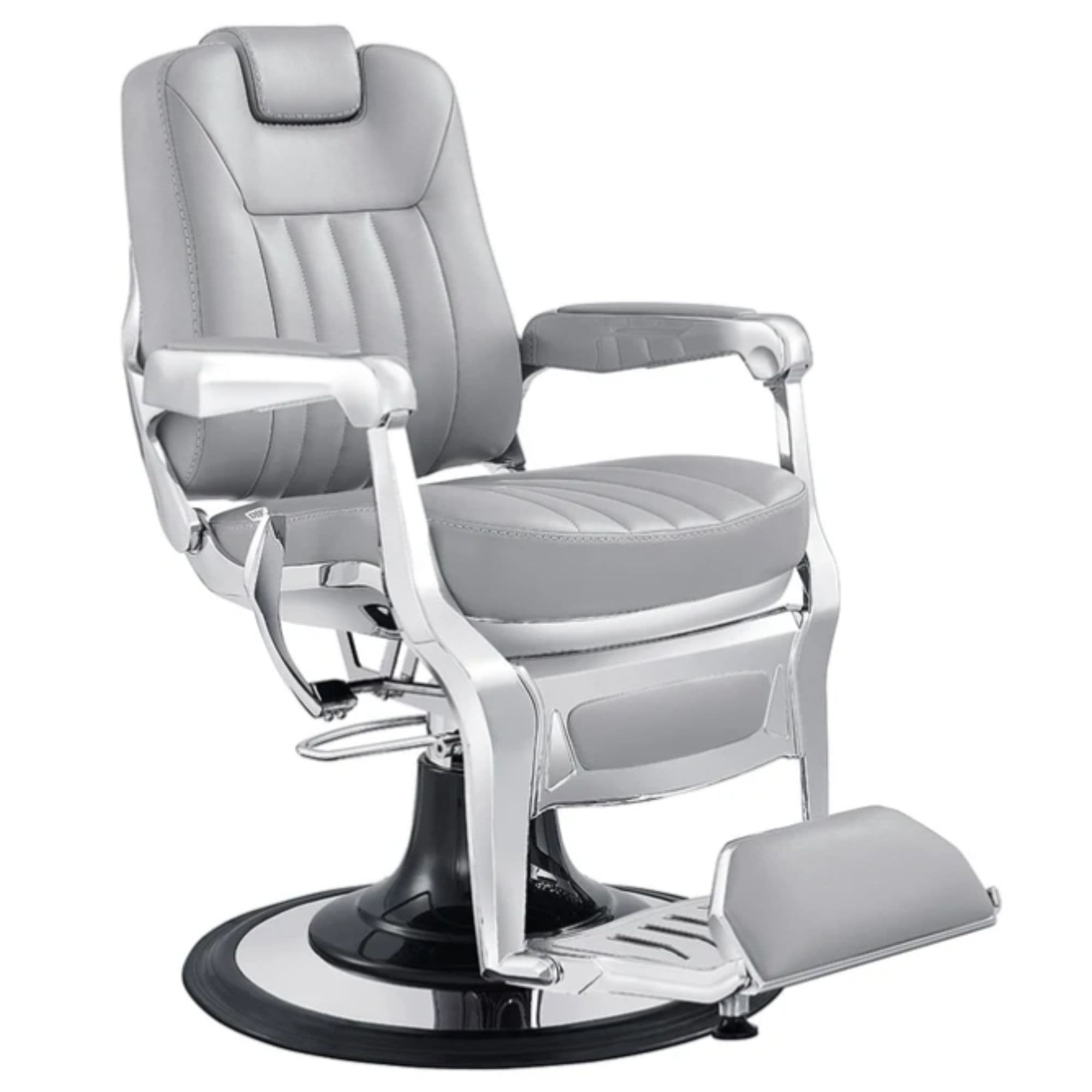 Esquire Reclining Barber Chairs Gray Variant Front Angled View On White Background