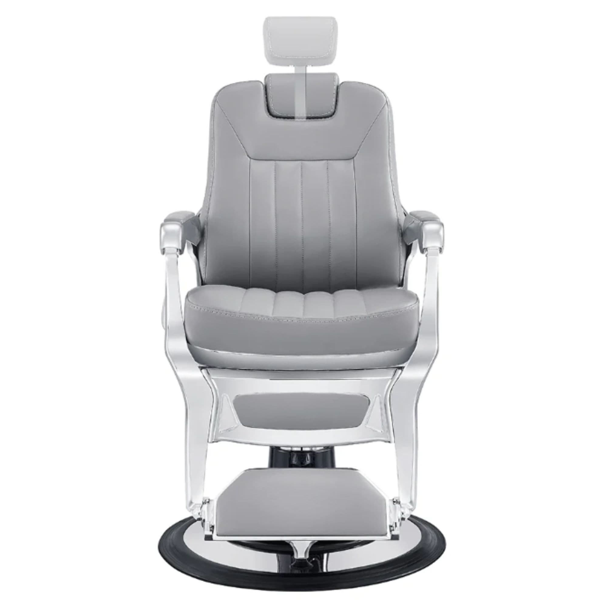 Esquire Reclining Barber Chairs Gray Variant Front View Demonstrating Pull Out Headrest Range On White Background