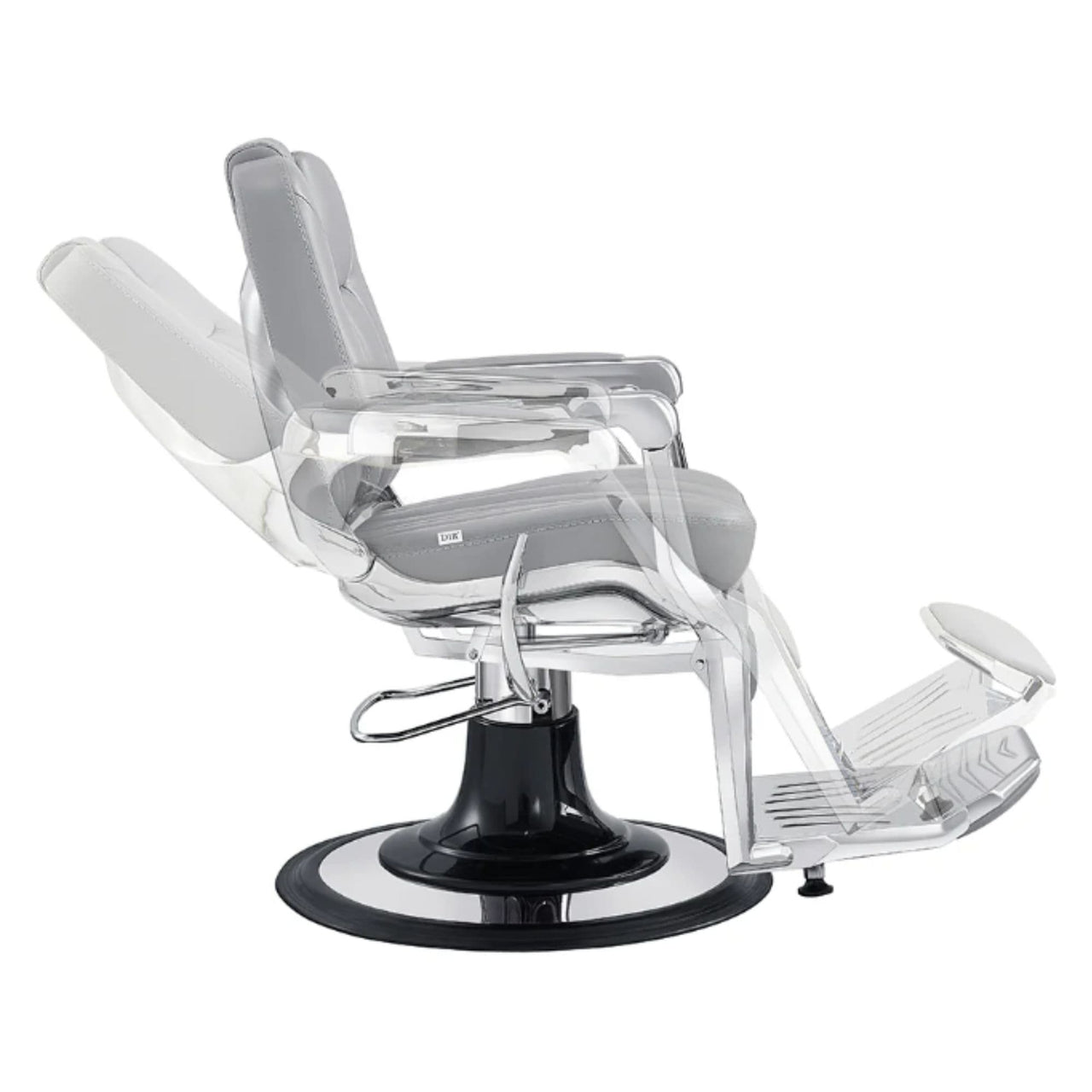 Esquire Reclining Barber Chairs Gray Variant Side View Demonstrating Swing Adjustment On White Background