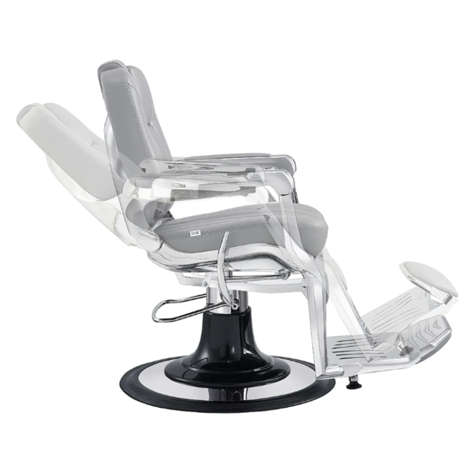 Esquire Reclining Barber Chairs Gray Variant Side View Demonstrating Swing Adjustment On White Background
