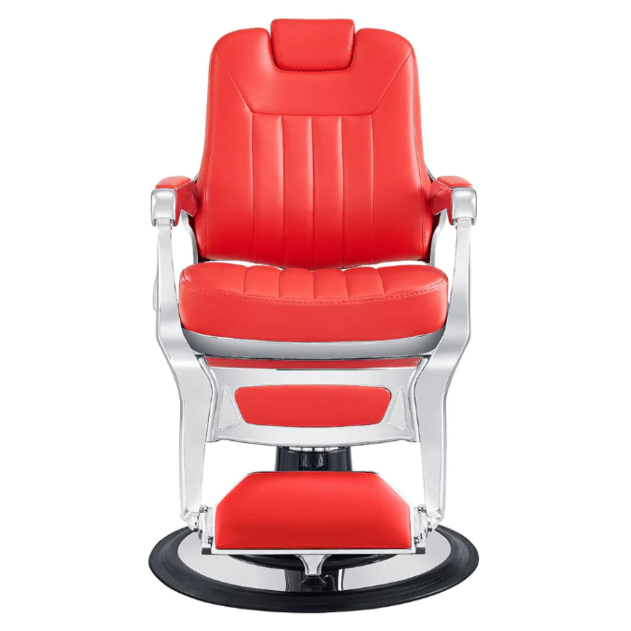 Esquire Reclining Barber Chairs Red Variant Black Variant Front View On White Background