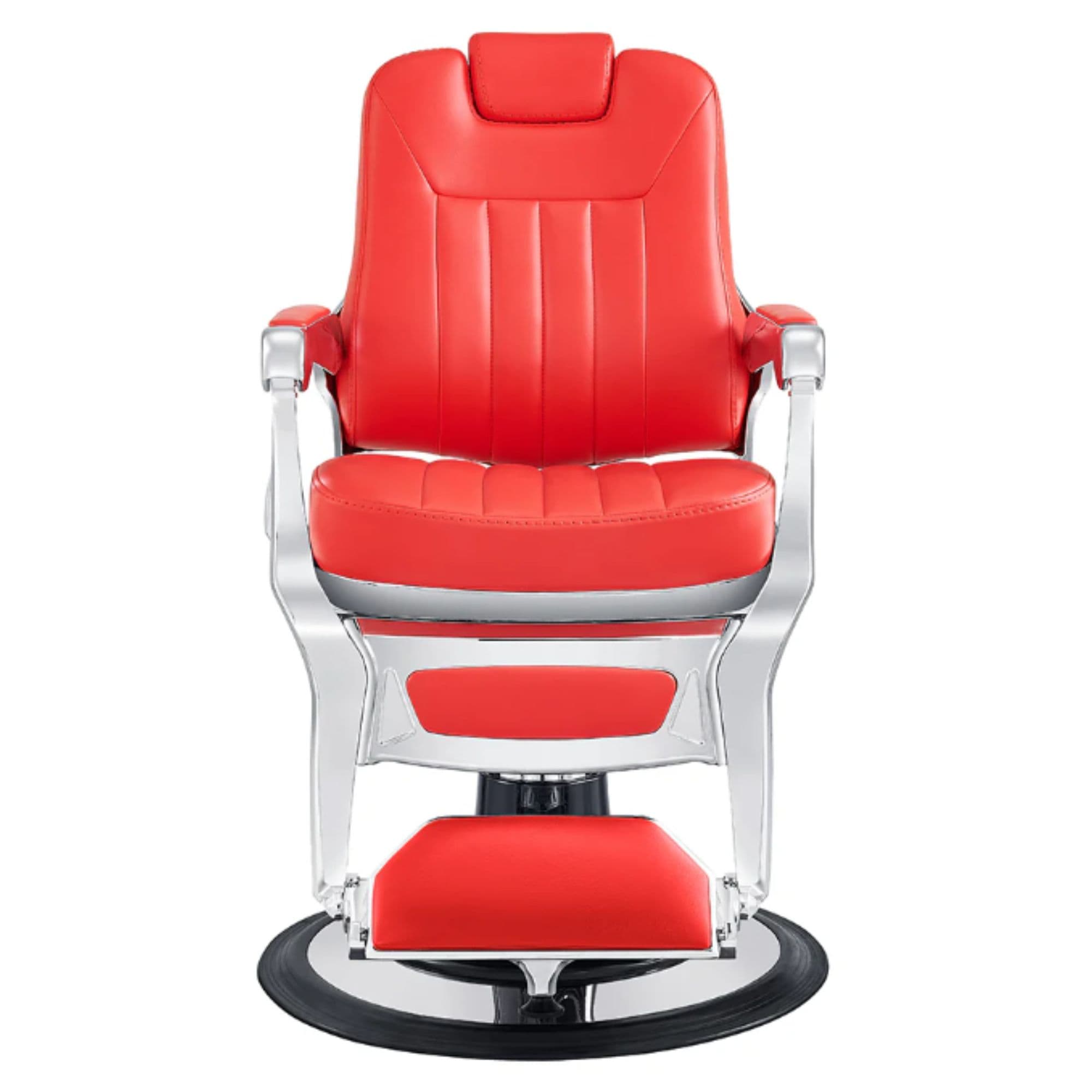 Esquire Reclining Barber Chairs Red Variant Black Variant Front View On White Background