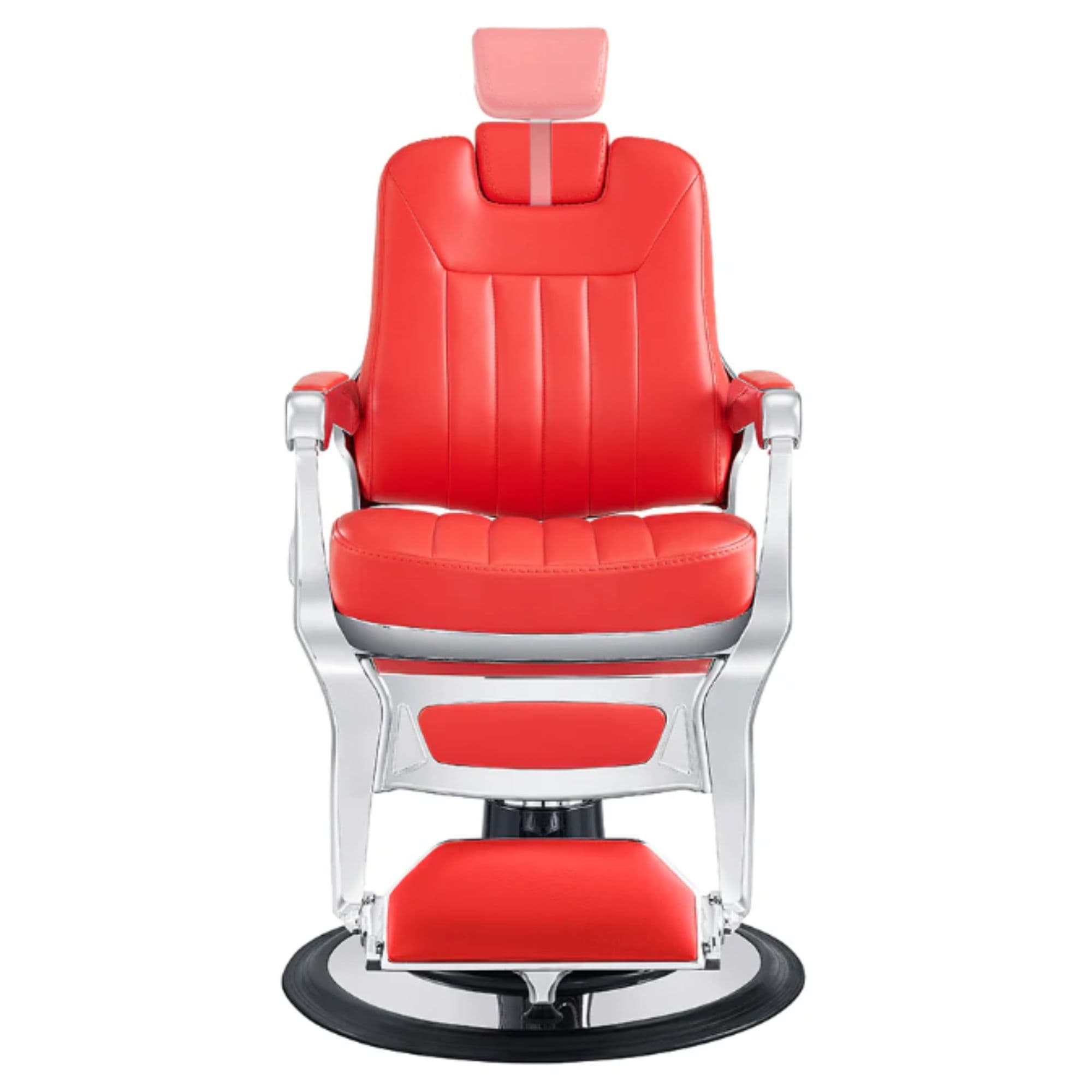 Esquire Reclining Barber Chairs Red Variant Front View Demonstrating Pull Out Headrest Range On White Background