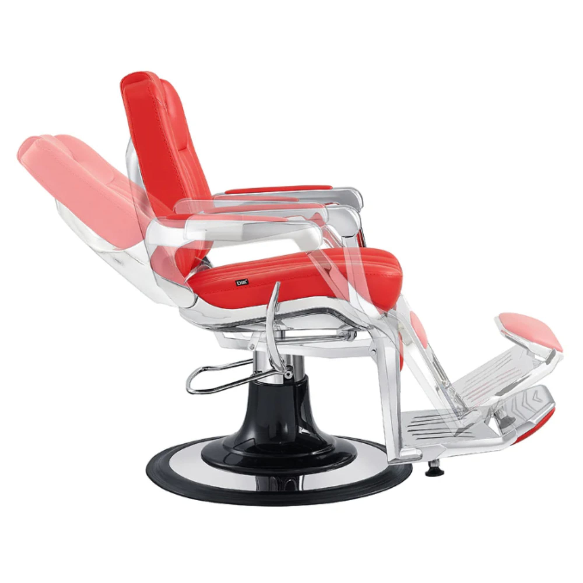 Esquire Reclining Barber Chairs Red Variant Side View Demonstrating Swing Adjustment On White Background