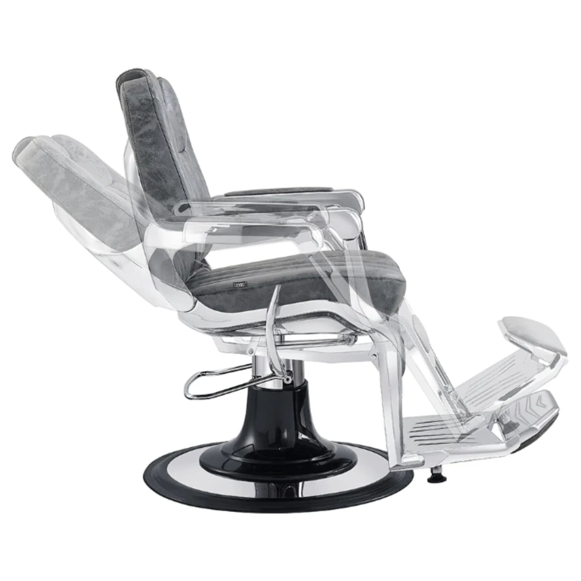 Esquire Reclining Barber Chairs Vintage Black Variant Side View Demonstrating Swing Adjustment On White Background