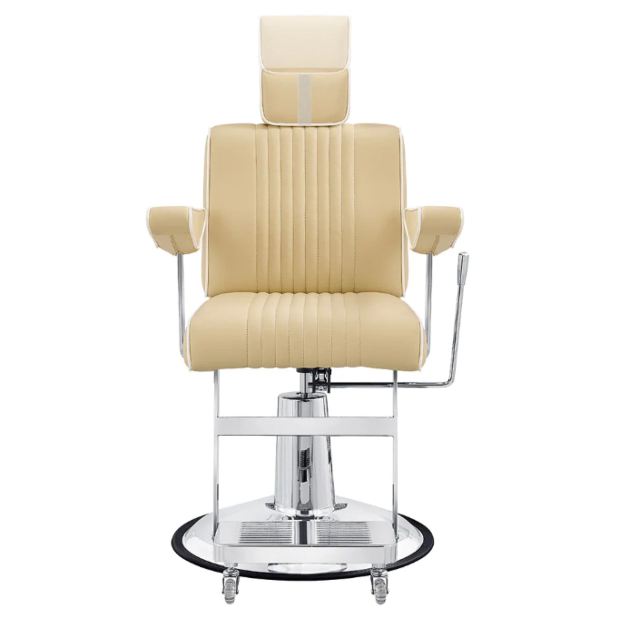 Executive All Purpose Reclining Chair Beige Variant Front View Demonstrating Pull Out Headrest Range On White Background