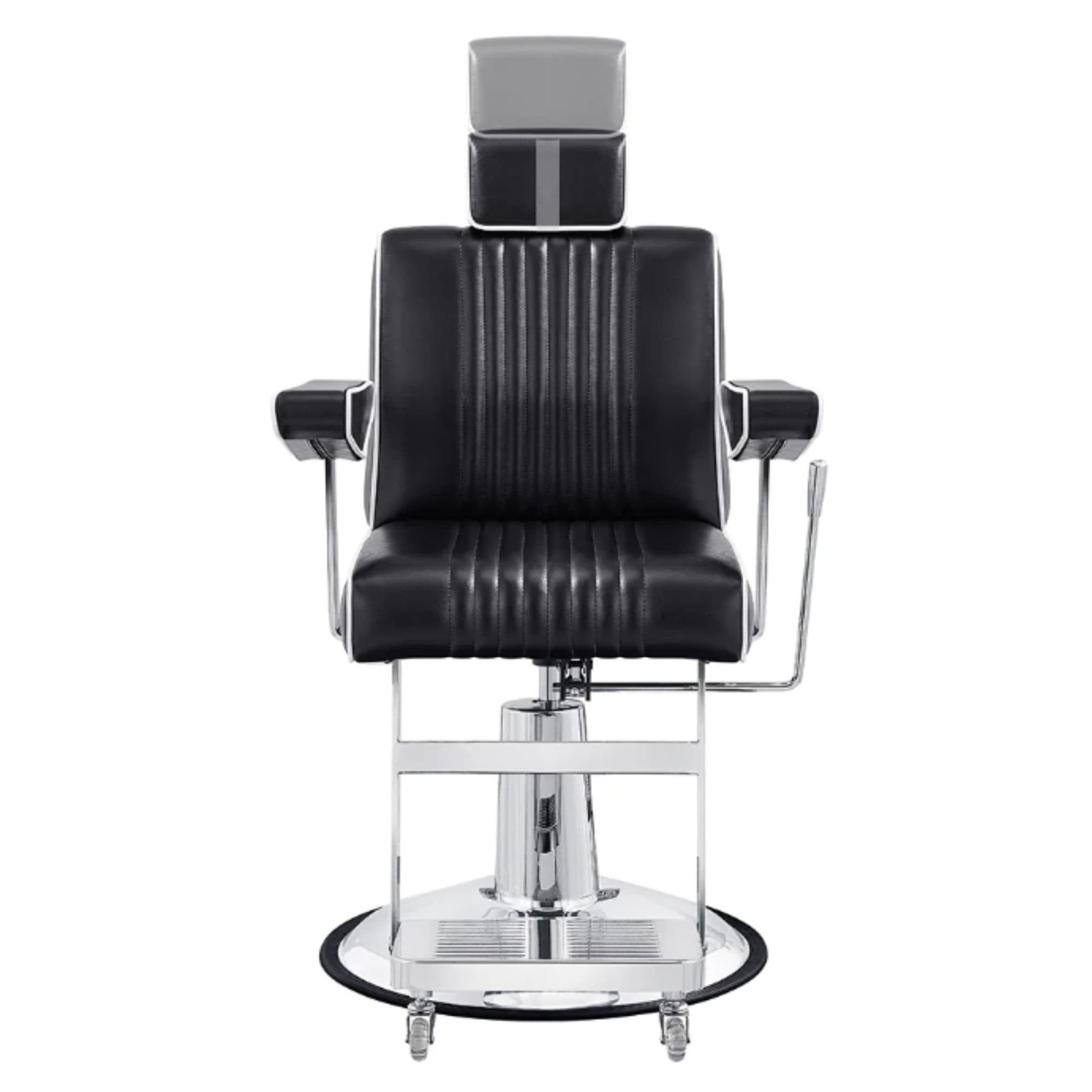 Executive All Purpose Reclining Chair Black Variant Front View Demonstrating Pull Out Headrest Range On White Background