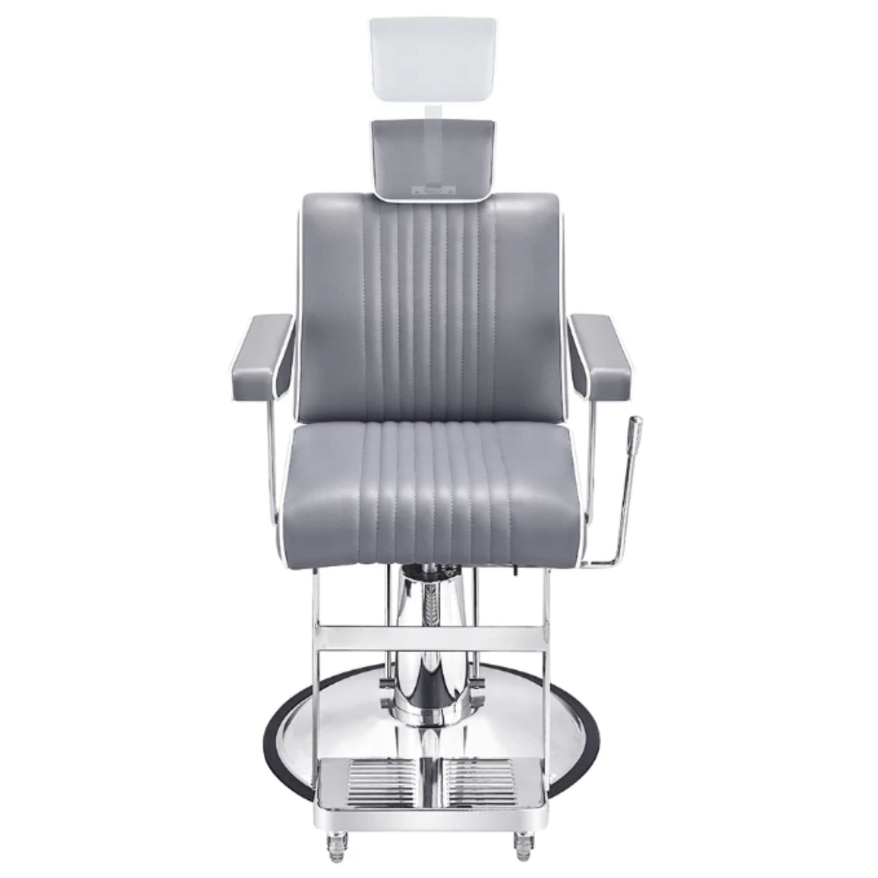 Executive All Purpose Reclining Chair Gray Variant Front View Demonstrating Pull Out Headrest Range On White Background