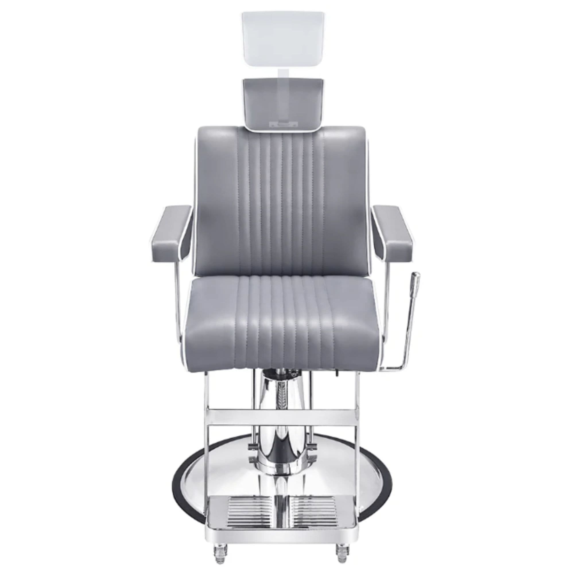Executive All Purpose Reclining Chair Gray Variant Front View Demonstrating Pull Out Headrest Range On White Background