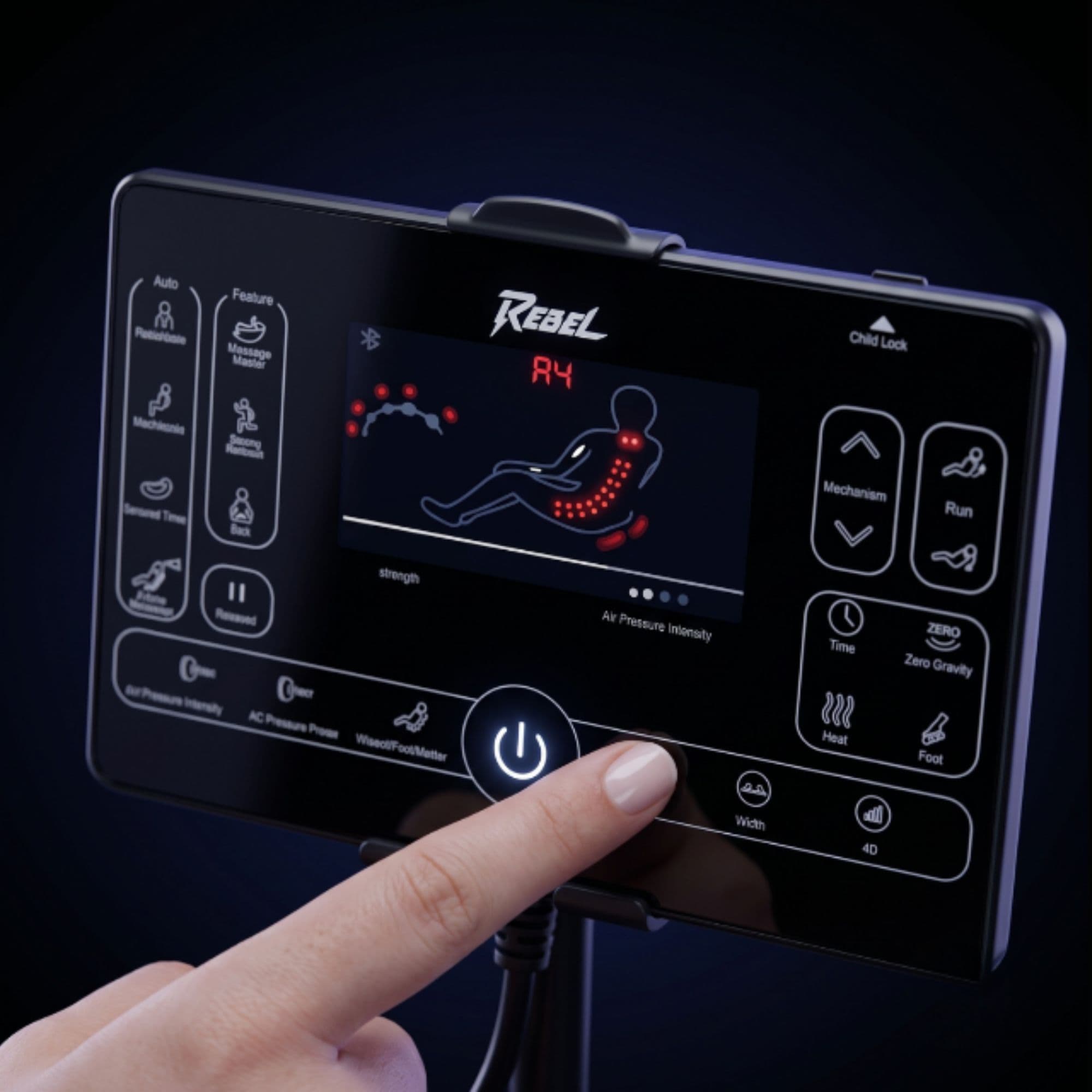 Floridian Brand Rebel 4D Massage Chair Close-Up Of Touchscreen Controller In Use