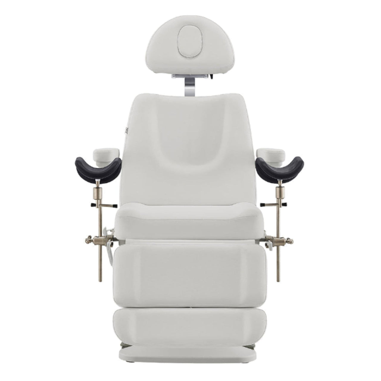 Geneva 4-Motor OB GYN Exam Table with Stirrups White Front View With Raised Stirrups On White Background