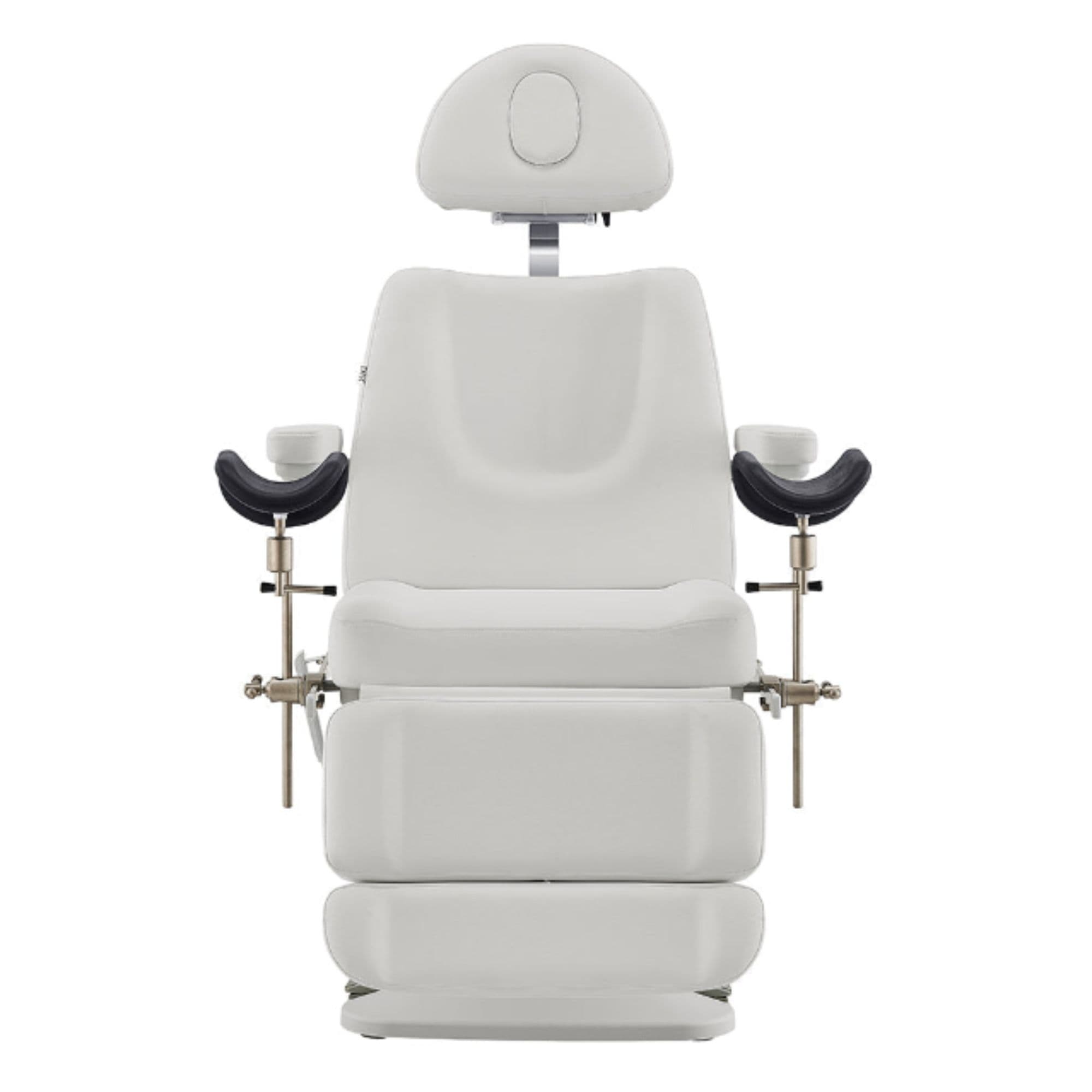 Geneva 4-Motor OB GYN Exam Table with Stirrups White Front View With Raised Stirrups On White Background