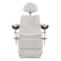 Thumbnail for Geneva 4-Motor OB GYN Exam Table with Stirrups White Front View With Raised Stirrups On White Background