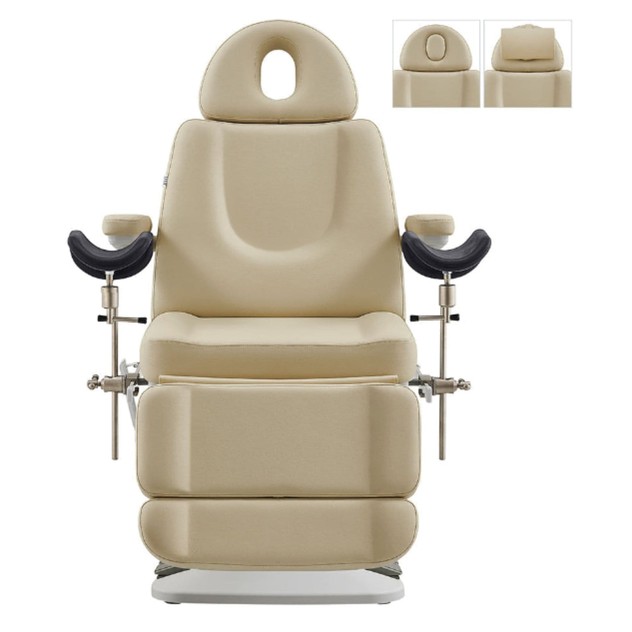 Geneva 4-Motors Exam Table with Stirrups - OB GYN Beige Front View With Adjustable Headrest And Stirrups On White Background