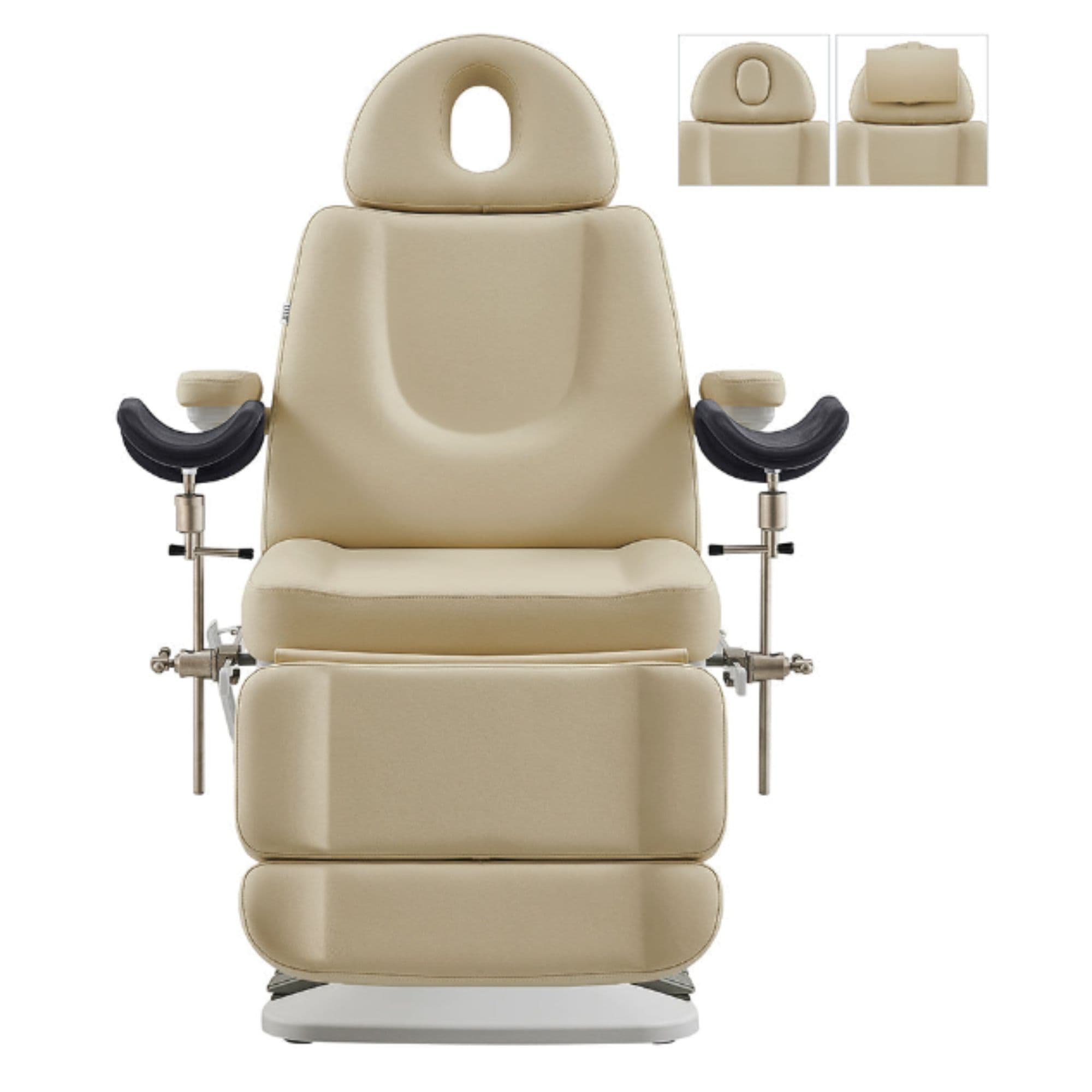 Geneva 4-Motors Exam Table with Stirrups - OB GYN Beige Front View With Adjustable Headrest And Stirrups On White Background