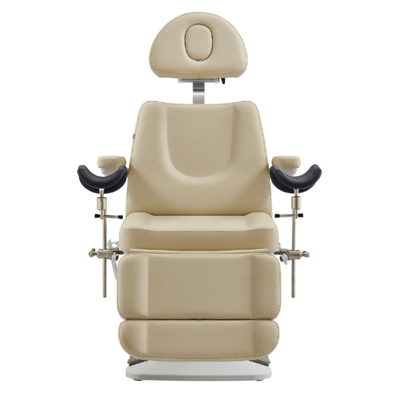 Geneva 4-Motors Exam Table with Stirrups - OB GYN Beige Front View With Raised Stirrups On White Background