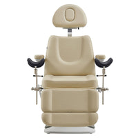 Thumbnail for Geneva 4-Motors Exam Table with Stirrups - OB GYN Beige Front View With Raised Stirrups On White Background