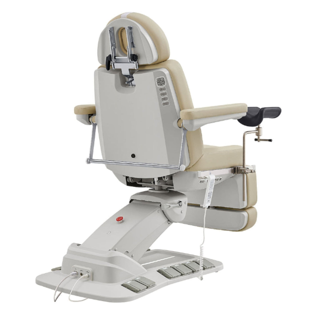 Geneva 4-Motors Exam Table with Stirrups - OB GYN Beige Rear View With Foot Pedal And Remote Control On White Background