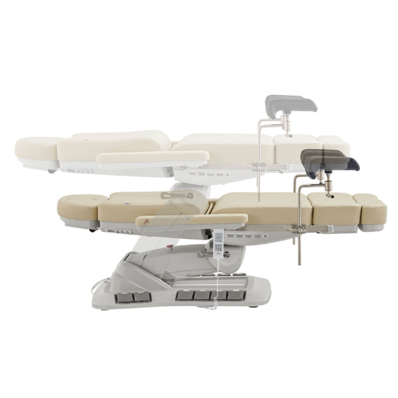 Geneva 4-Motors Exam Table with Stirrups - OB GYN Beige Side View And Fully Reclined Demonstrating An Up And Down Adjustment On White Background