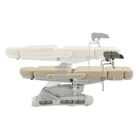Thumbnail for Geneva 4-Motors Exam Table with Stirrups - OB GYN Beige Side View And Fully Reclined Demonstrating An Up And Down Adjustment On White Background