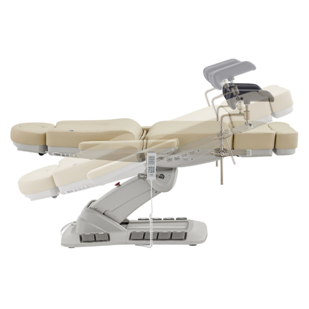 Geneva 4-Motors Exam Table with Stirrups - OB GYN Beige Side View Demonstrating Adjustable Stirrup And Leg Section Positions On White Background