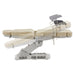 Geneva 4-Motors Exam Table with Stirrups - OB GYN Beige Side View Demonstrating Adjustable Stirrup And Leg Section Positions On White Background