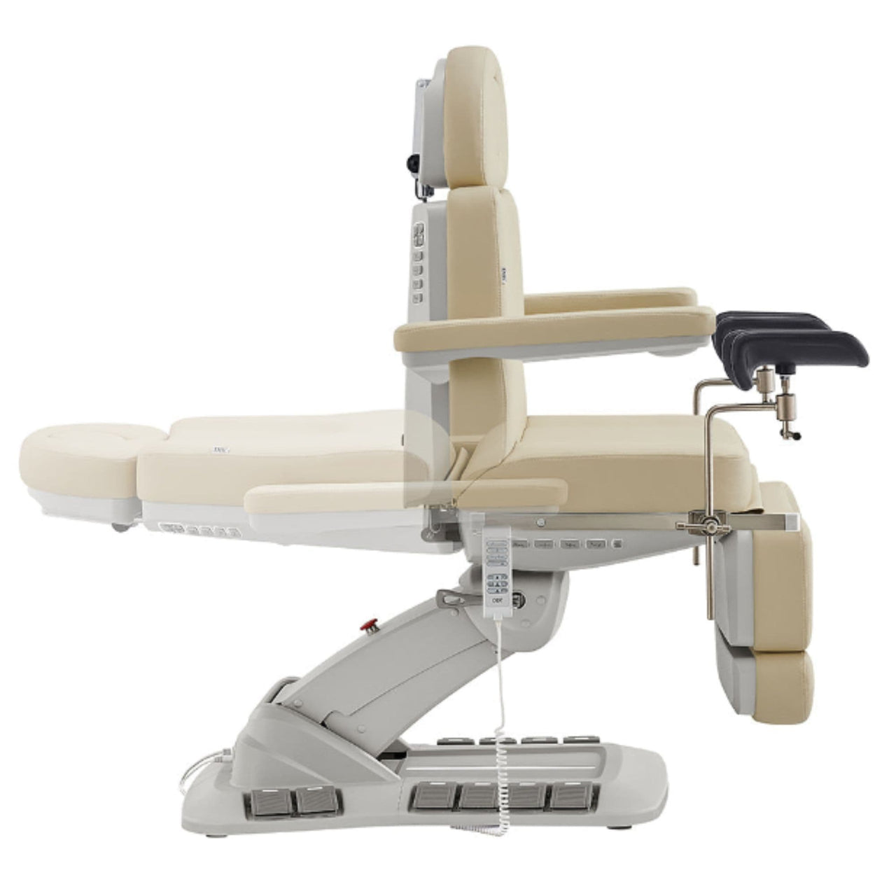 Geneva 4-Motors Exam Table with Stirrups - OB GYN Beige Side View Demonstrating Recline Adjustment Range On White Background