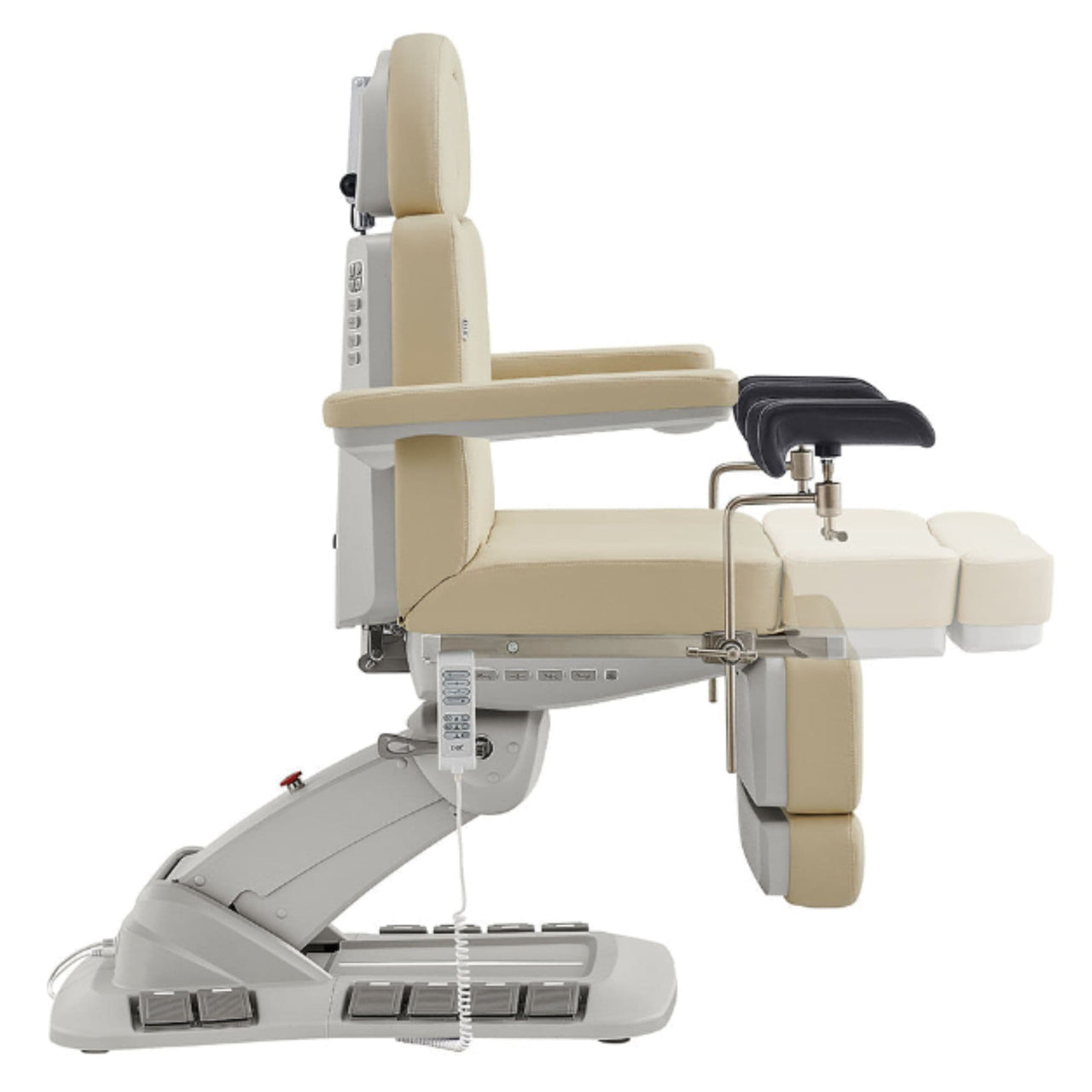 Geneva 4-Motors Exam Table with Stirrups - OB GYN Beige Side View Showing Extendable Footrest Positions On White Background