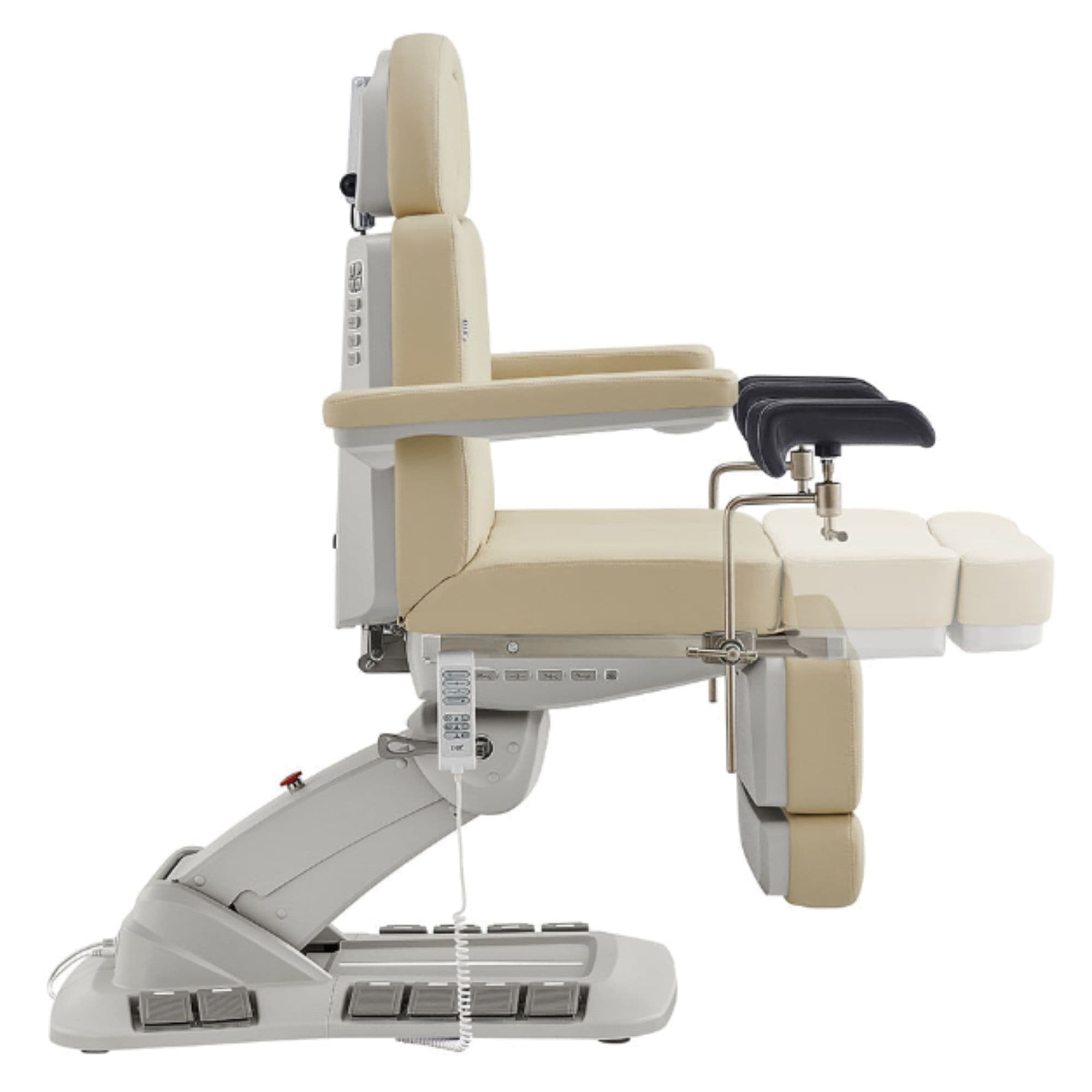 Geneva 4-Motors Exam Table with Stirrups - OB GYN Beige Side View Showing Extendable Footrest Positions On White Background