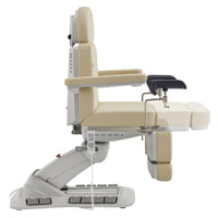 Thumbnail for Geneva 4-Motors Exam Table with Stirrups - OB GYN Beige Side View Showing Extendable Footrest Positions On White Background