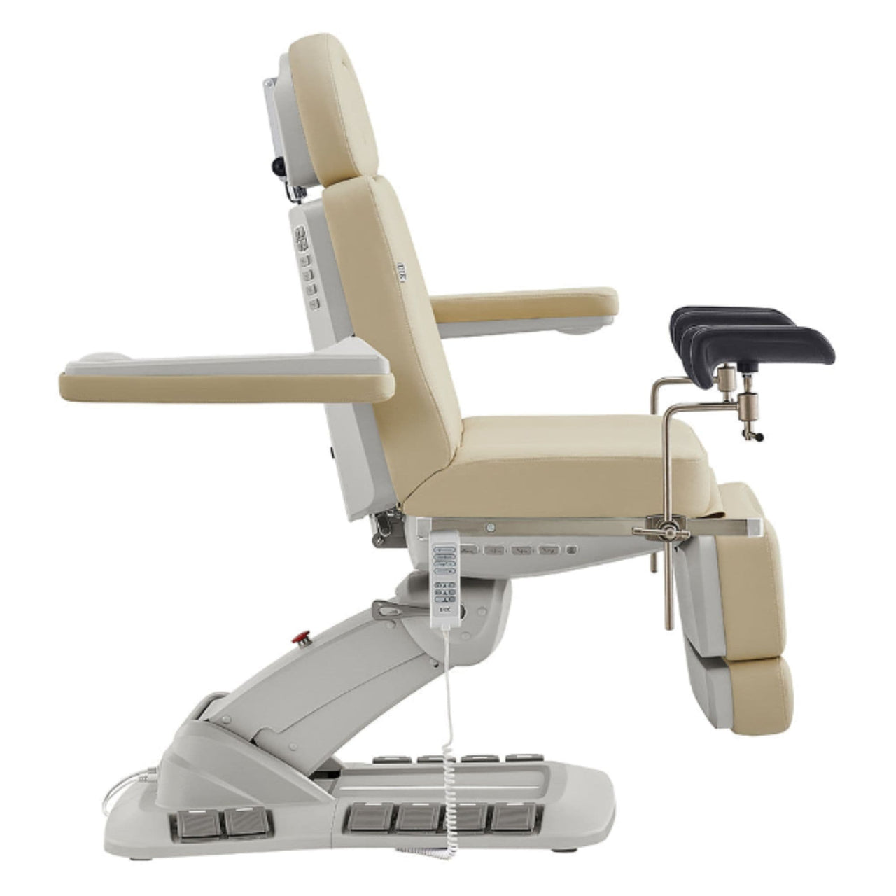 Geneva 4-Motors Exam Table with Stirrups - OB GYN Beige Side View Showing Swing-Away Armrest Position On White Background