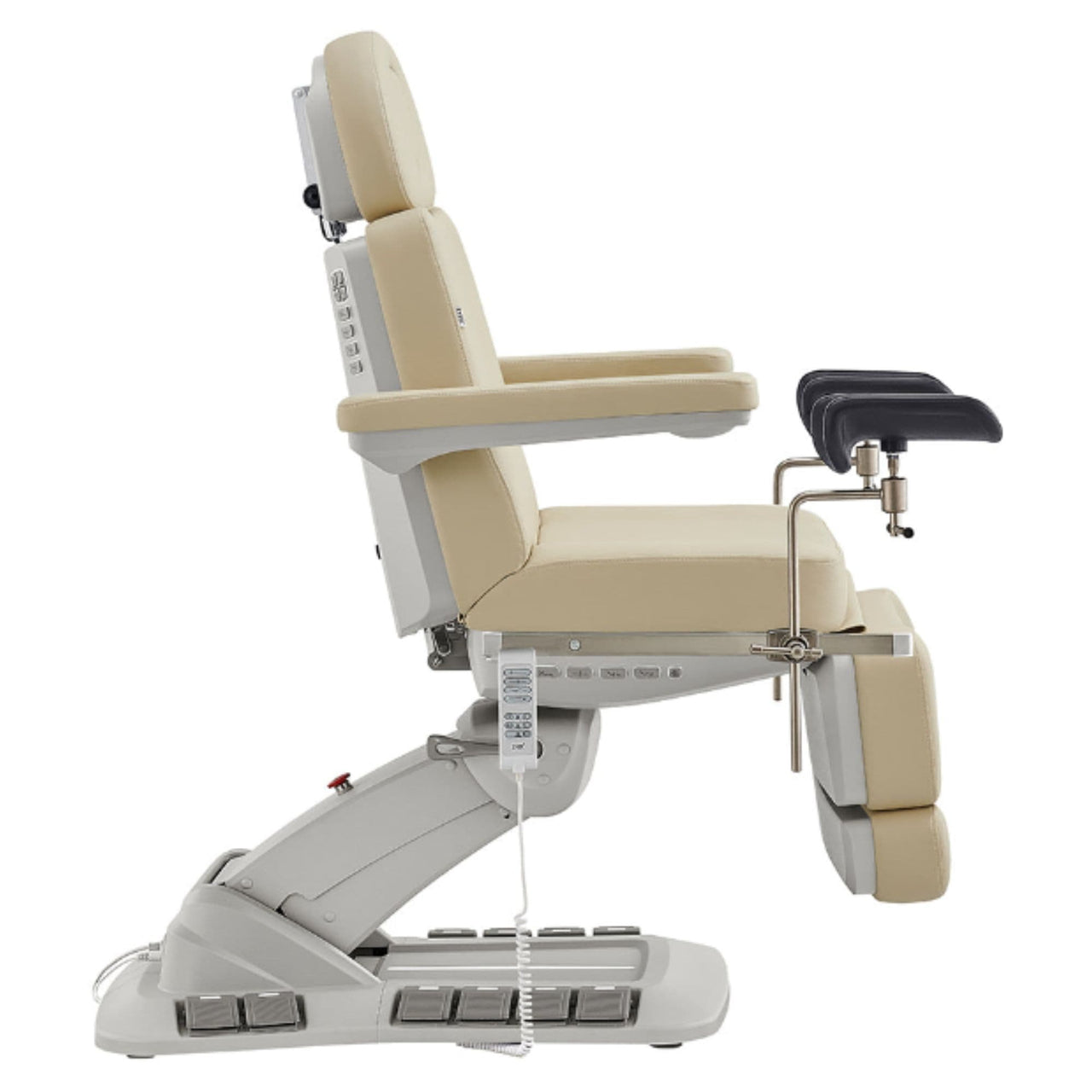 Geneva 4-Motors Exam Table with Stirrups - OB GYN Beige Side View With Foot Pedal And Remote Control On White Background